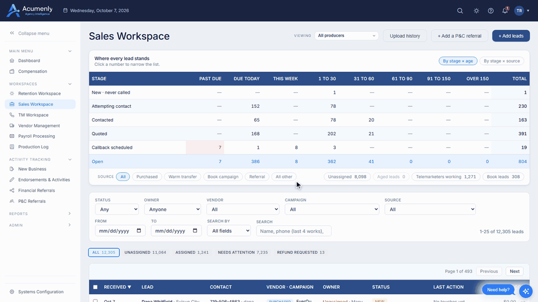 Sales Workspace walkthrough: the grid, a producer's console, a lead worked, Quoted logged