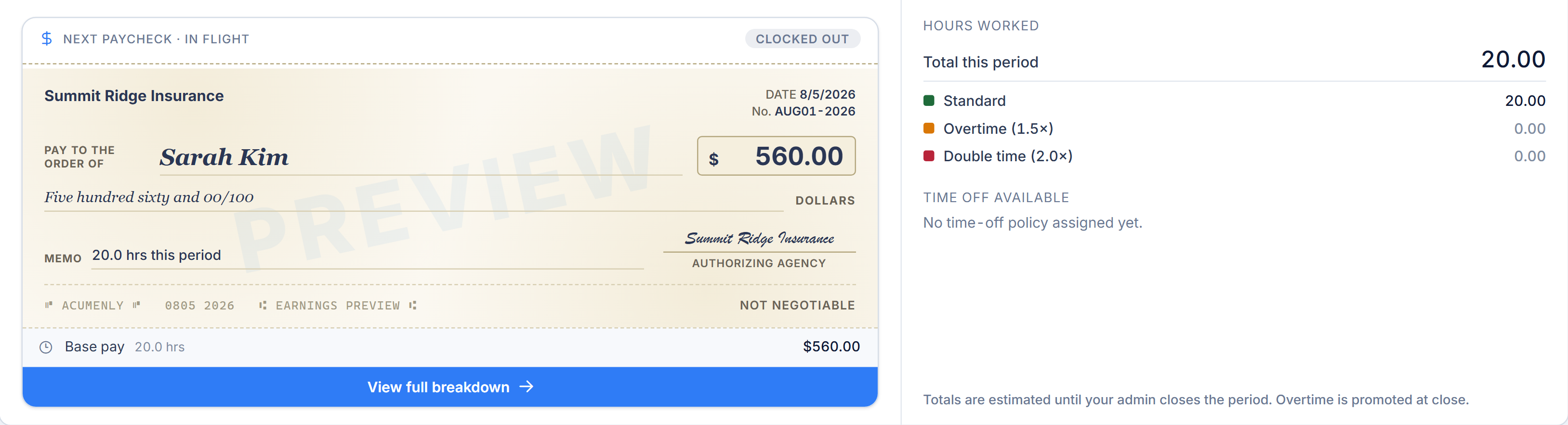 The living check: the producer's next paycheck building in real time beside their hours for the period