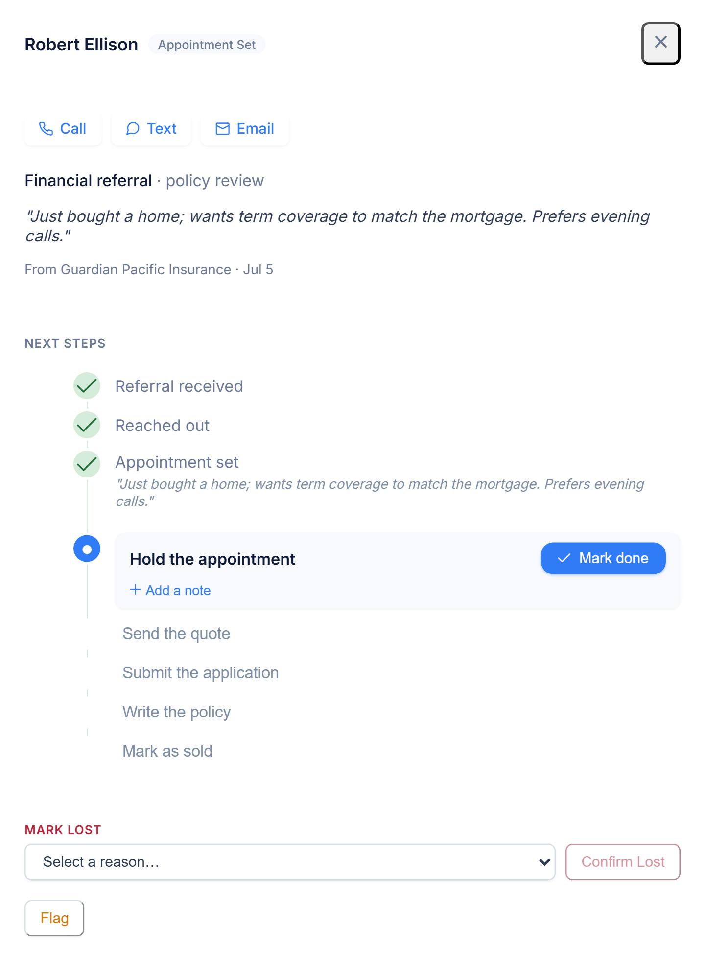 A referral in the partner's pipeline: stage checklist, the producer's note, and next steps